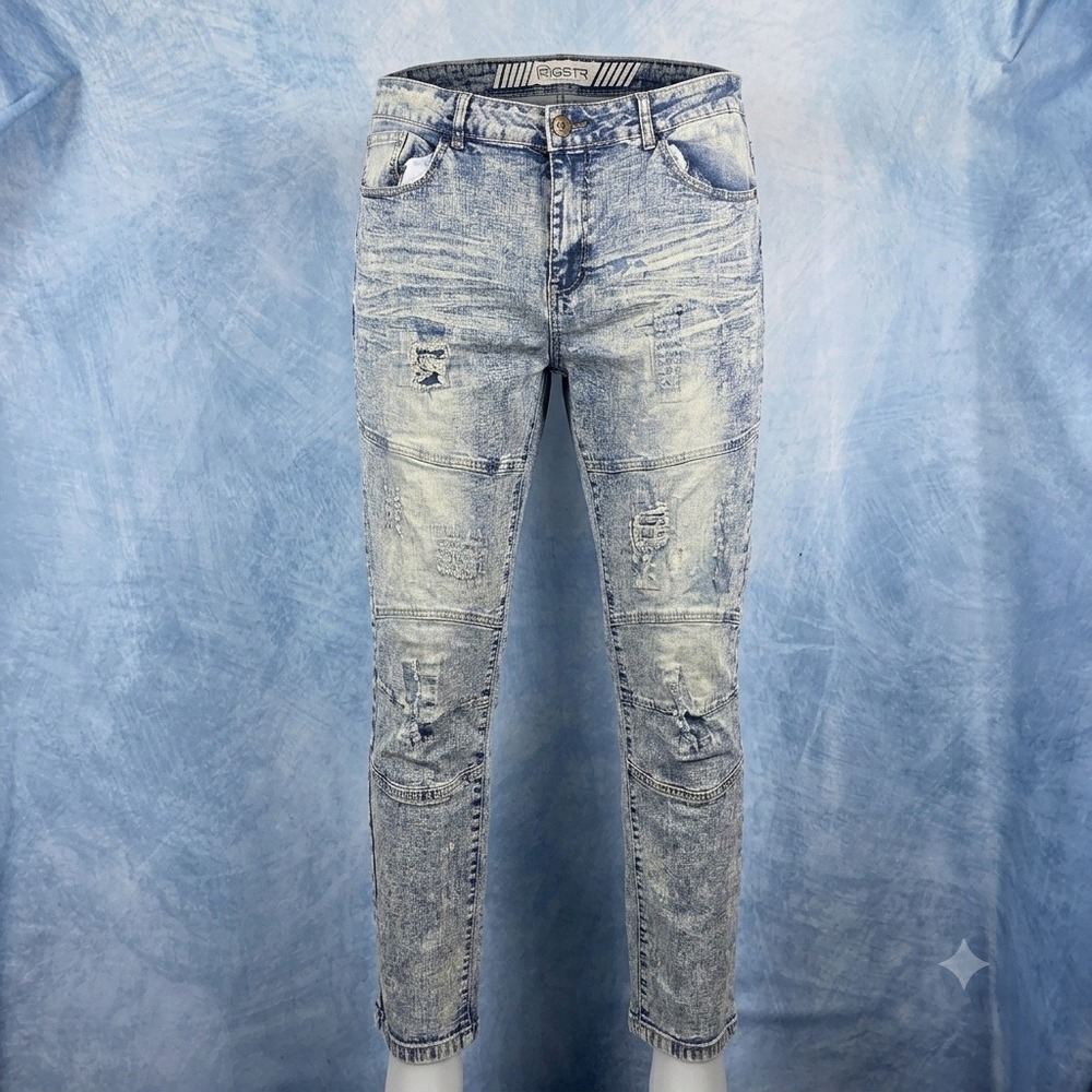 GSTR Mens Acid Wash Distressed Biker Jeans Blue Moto Slim Fit Size 38 RN 162282